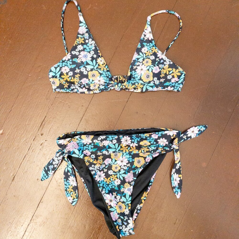 Floral Triangle Bikini Set – XS/Small Tie Side Adjustable Retro Swimwear